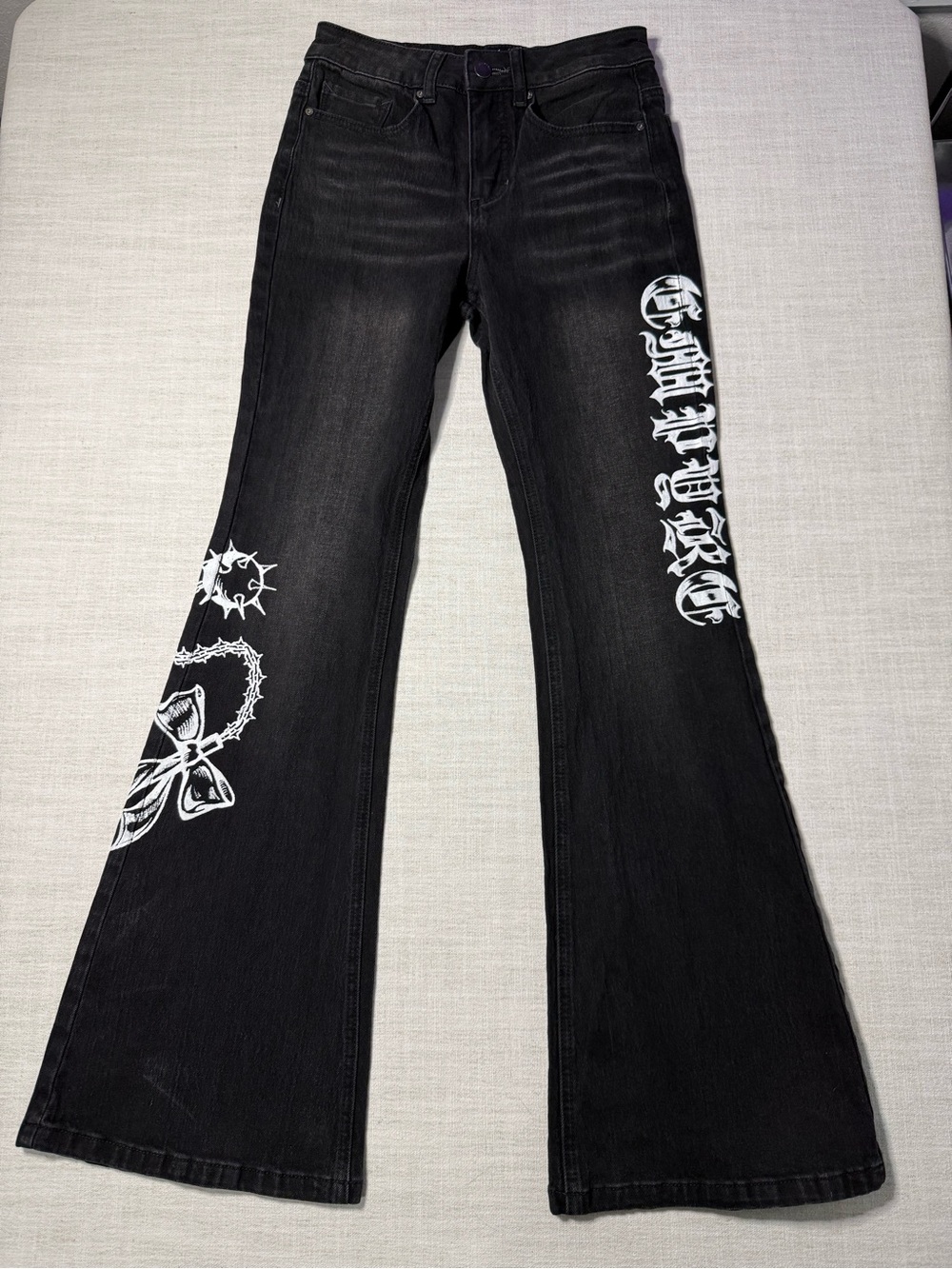 Empyre Black Flare Jeans with White Gothic logo Side Prints